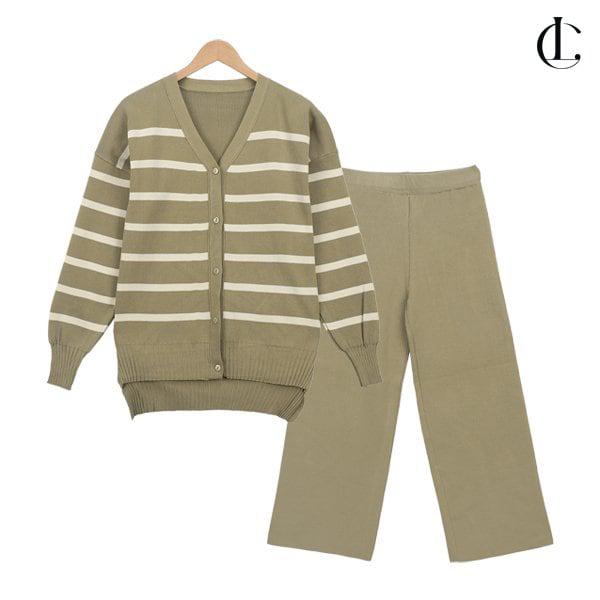 女性セットニットボーダーカーディガン バンディングパンツ ツーピースセットアップ LBRT007