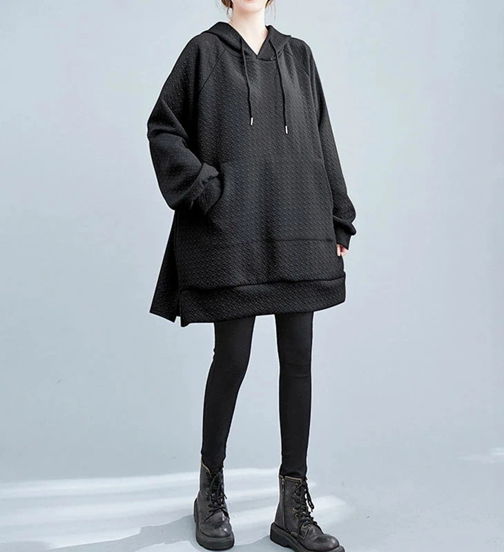 【急速出荷!】フード付き プルオーバー チュニック パーカー ワンピース コクーン Aライン 長袖 ミニ 膝丈 ポケット付き ゆったり 大きめ 無地 可愛い カジュアル きれいめ 春 秋 冬 レディー