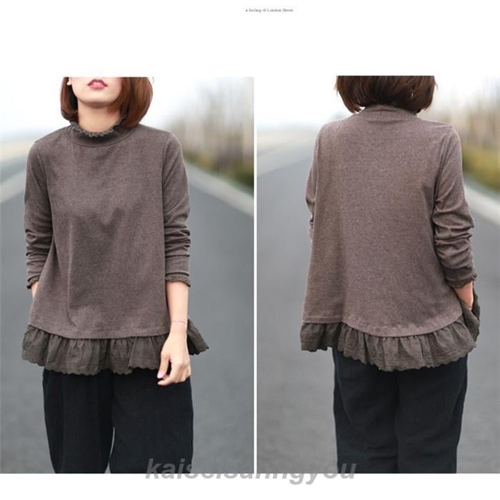 カットソーレディース 40代 春 秋 長袖 Tシャツ 綿 スリット ハイネック トレーナー レースブラウス おしゃれ ブラウス カジュアル