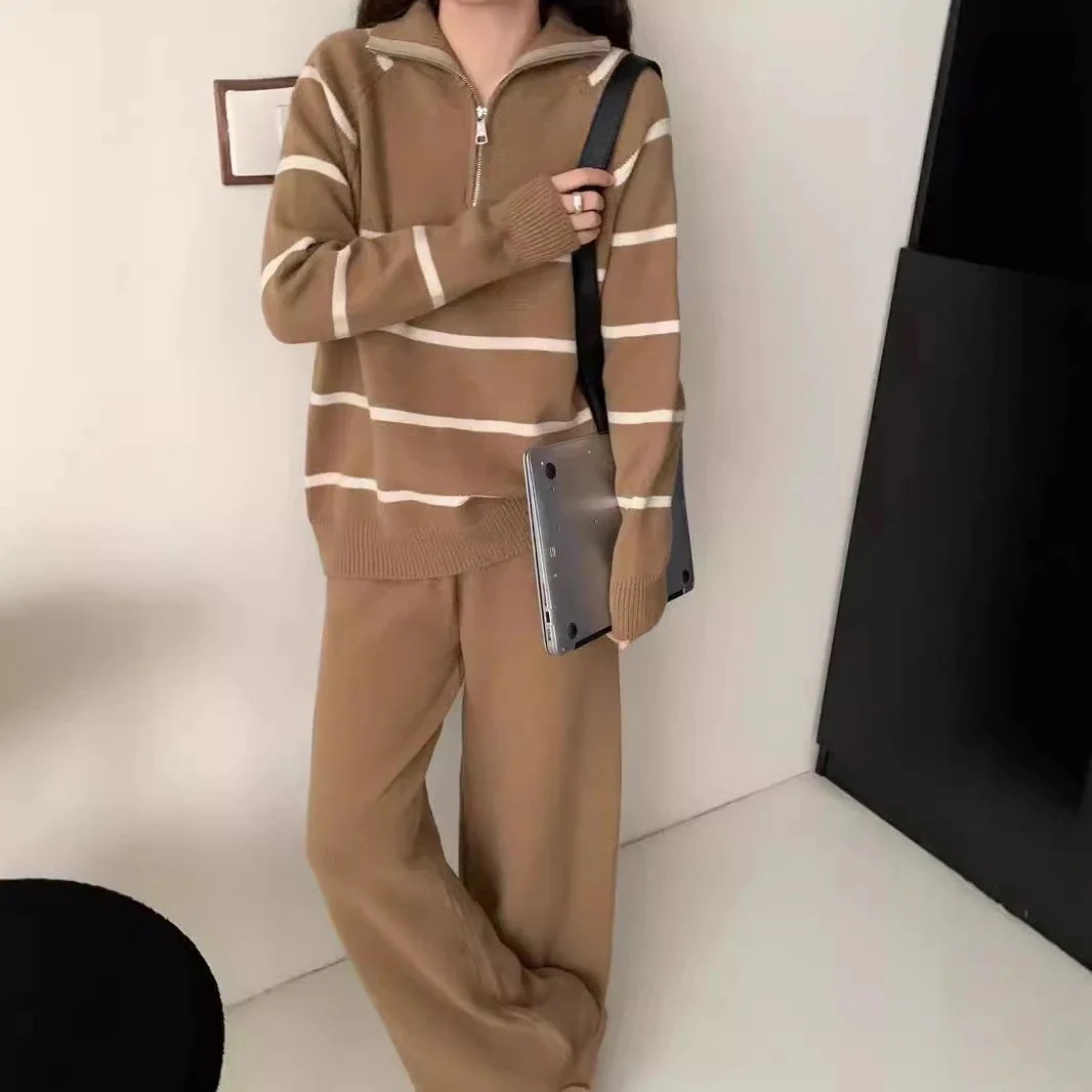 カラーブロックセーターハーフジップセット女性用 カジュアルレトロカラー プルオーバー トップス ワイドパンツツーピース