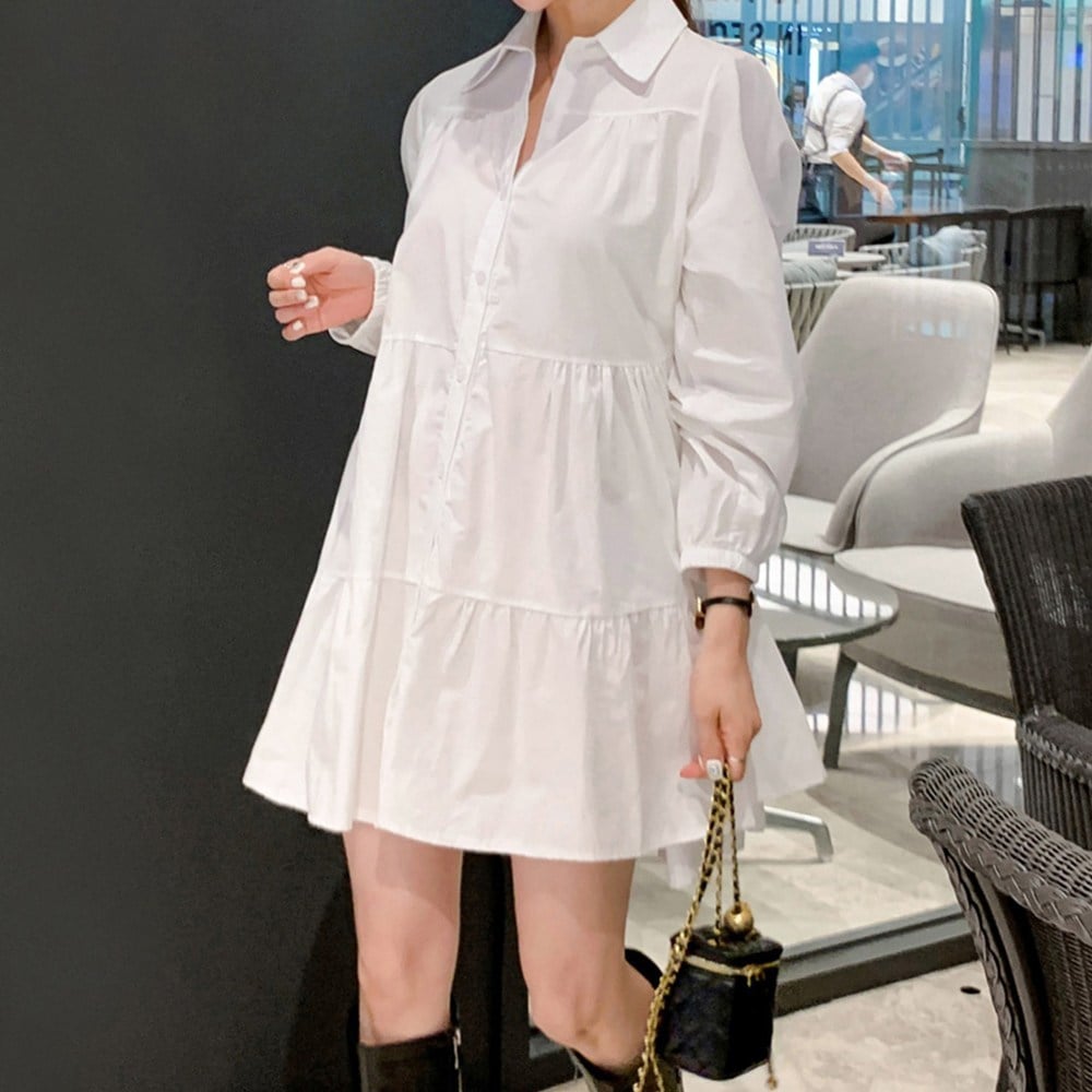 ファーニーガールズシャーリングミニ無地カラーワンピース女性服_1247