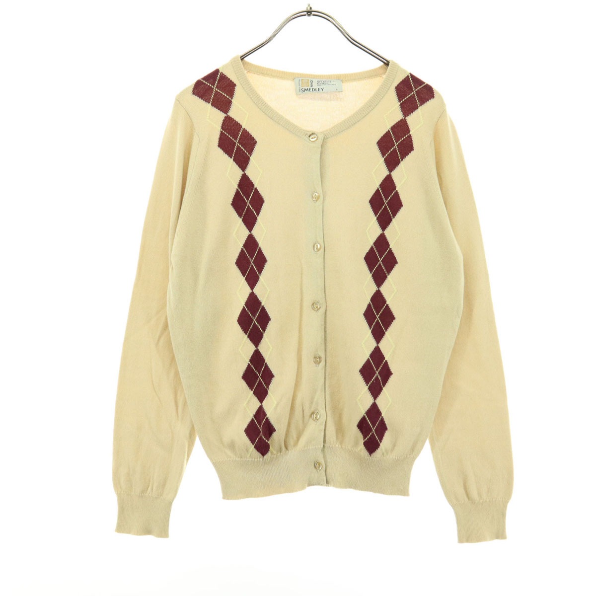 美品 80s ヴィンテージ 英国製 アーガイル柄 長袖 ニットカーディガン S クリーム レディース 古着
