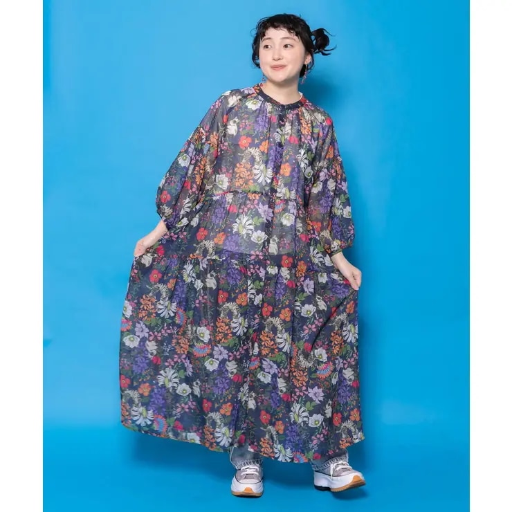 花ネコ柄シアー素材ティアードシャツワンピ