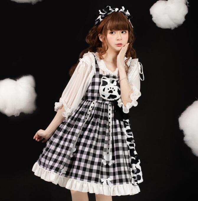 ブラックロリータワンピース チェック柄 キャミソール 膝丈 ロリータドレス ノースリーブ 萌え萌え コスプレ衣装 学園祭 文化祭 イベント ハロウィン 発表会 コスチューム