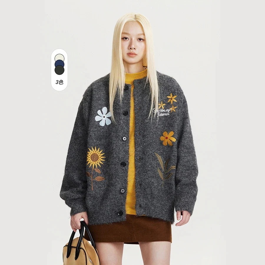 【3日出荷】アカデミック フラワー刺繍カーディガン 25春新作 オーバーサイズ