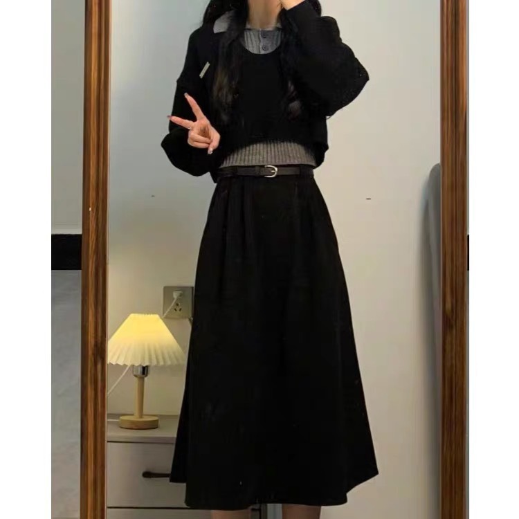 ハイエンドのカスタマイズ-2024 秋と冬のハイエンドショートニットプルオーバーセーター女性のスカートツーピーススーツ気質