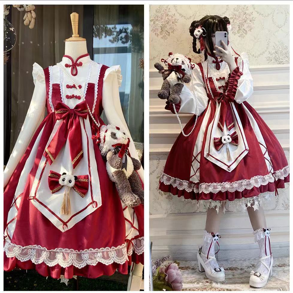 ロリータドレス チャイニーズスタイル パンダ 長袖 レッド チョンサン ロリータドレス ハロウィン メイド服 文化祭