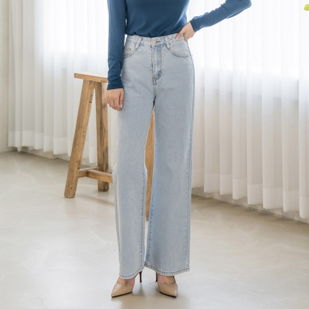 (Jinmania) ドライライトブルーナンファンロングワイドデニム