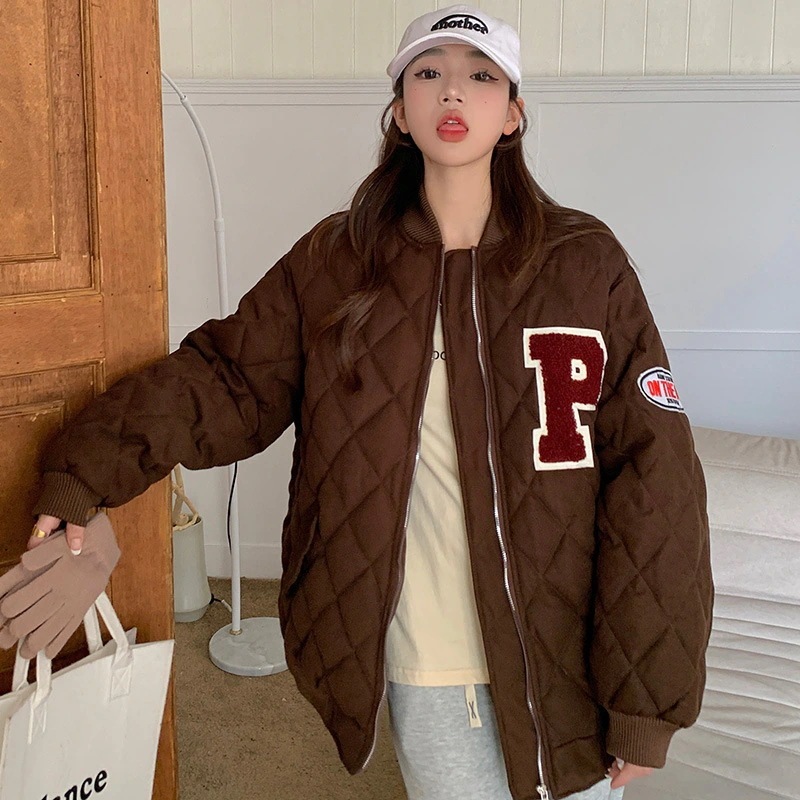 2025秋冬 ふっくら中綿きレタード刺繍ジャケット 韓国防寒 暖かいかわいい厚手アウタートレンド羽織るジャンパーファッション系大人ゆったりカジュアルストリート体型カバー サイズ丈シルエットレディース黑