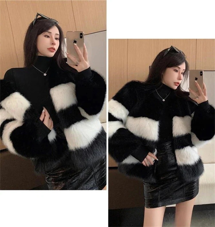 激安セール キツネ毛 毛皮 新作 ショート 修身 気質 ギャザリング 怠惰な風 黒白撞色 コート チェスターコート