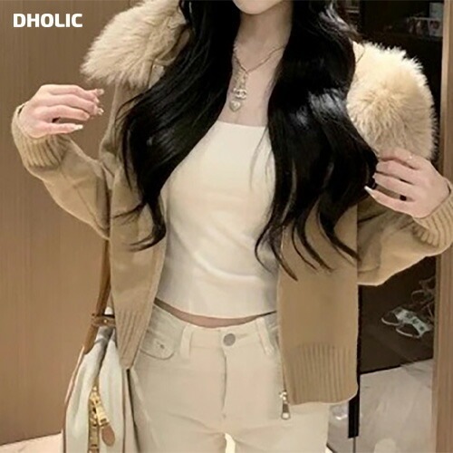 [メガ割りSALE]ウール混エコファーフードダブルジップカーディガン