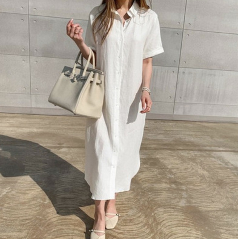 ワンピース デート シャツワンピース ミモレ ミモレ丈 ロング ロング丈 袖あり 半袖 夏 10代 20代 30代 個性的 ホワイト カーキ ブラック S M L XL こなれ感 レディース ゆったり