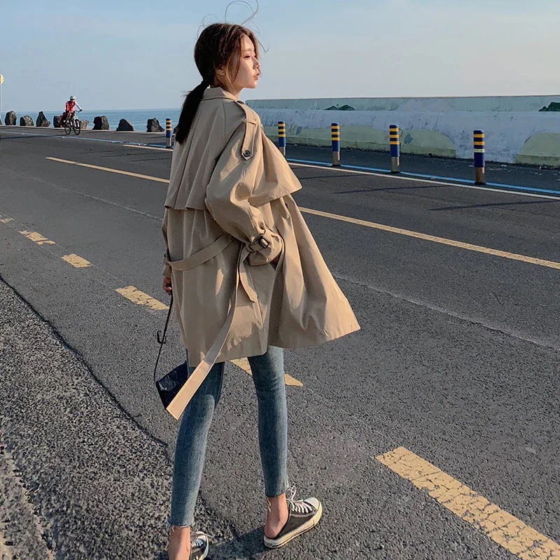 スプリングコートレディースミディアム丈トレンチコート薄ゆったりロングコート女性用アウ30%までに制限