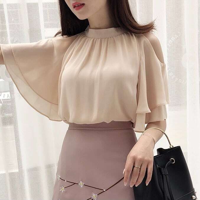 【送料無料】レディース 半袖シフォン トップス ブラウス 4color フレア