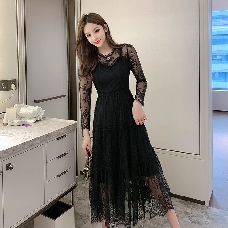 ドレス パーティードレス ロングドレス ステージドレス ナイトドレス ロング ロング丈 袖あり 長袖 ラウンドネック 襟なし Aライン プリンセスライン レース 刺繍 ハイウエスト 透け感 かわいい