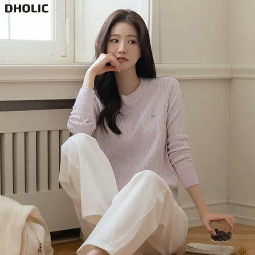 ラウンドネック長袖ペンダントケーブルカラーニット・1955966