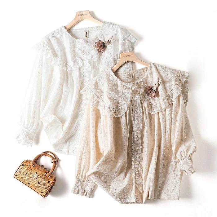 【急速出荷】ブラウス ロリータ 森ガール ロリィタ 甘ロリ レース フリル 長袖 レディース ブローチ付 春 新作 体型カバー 若見え ゆめかわいい 可愛い コットン 綿 刺繍 Lolita ゴシック