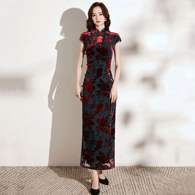 シルクチャイナドレスロングレトロ2025夏改良エレガントレディーススリムドレス