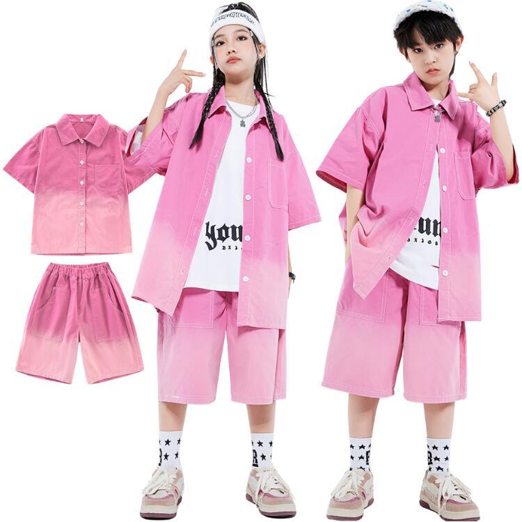 [新品入荷]セットアップ ピンク ヒップホップ デニム 半袖 シャツ ハーフパンツ キッズダンス衣装 オシャレ 男の子 女の子 デニムシャツ デニムパンツ 子供服 韓国 練習着