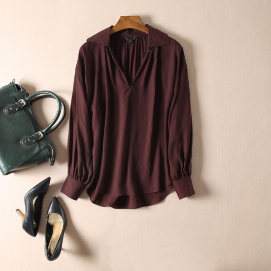 シャツ レディース 外国風 無地トップス ルーズ 大きいサイズ ブラウン 茶色 Vネック 長袖 ランタンスリーブ プルオーバーシャツ 春新作 春服 春物 通勤 通学 学生