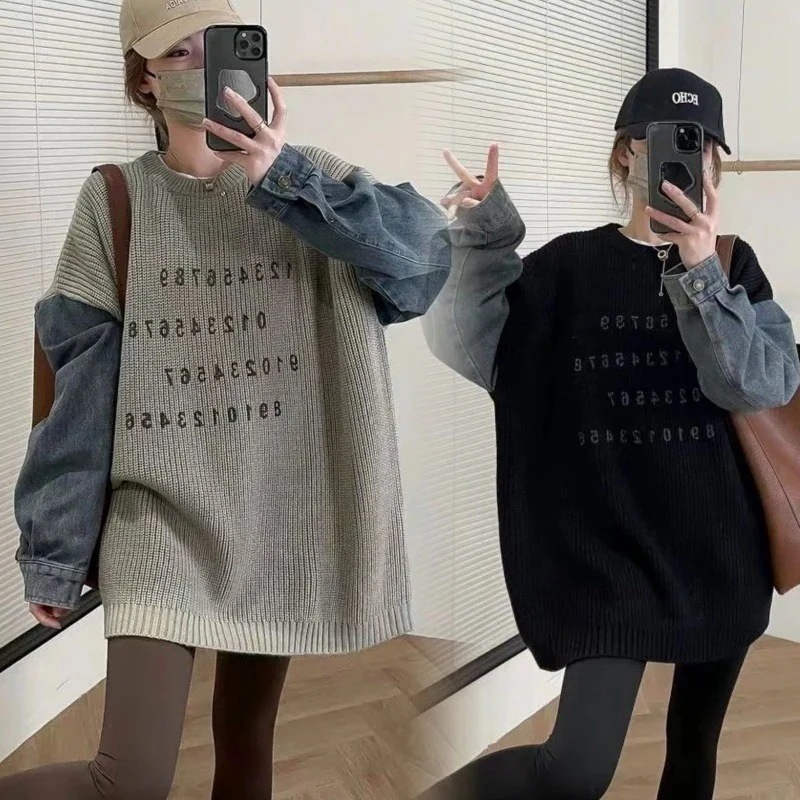 人気なリブニット 秋冬新作 デニム色切り替え ニットセーター ゆったり 怠惰な風 セーター レディース 流行り 百掛け 長袖ニットトップス 大きいサイズ 体型カバーベーシックニット インナー