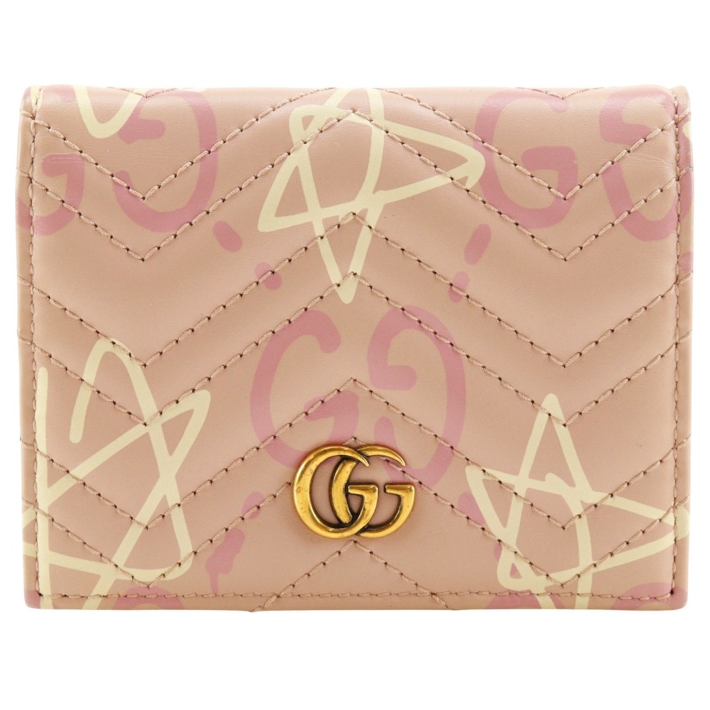 コンパクトウォレット GGゴースト カードケース 449421 二つ折り財布 レザー ピンク レディース 中古品