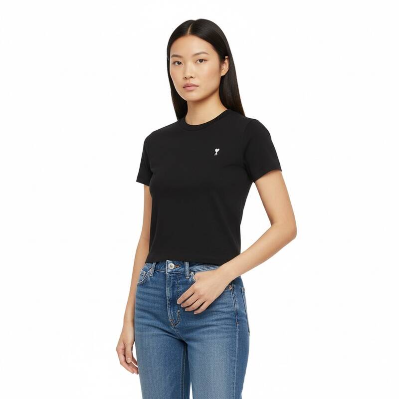 アミ・ハート ロゴ入りクロップド半袖Tシャツ ブラック レディース FTS347 724 045