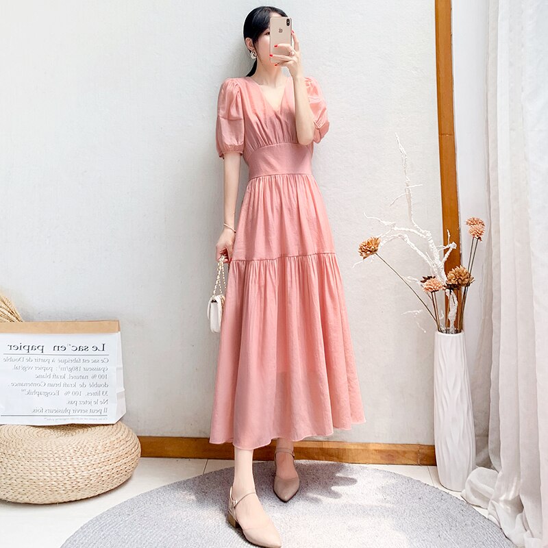 ワンピース 袖あり かわいい 大人可愛い きれいめ シンプル カジュアル 大人 上品 おしゃれ Vネック フレア 半袖 パフスリーブ 薄手 ロング丈 ティアード　無地 春夏 ブルー ピンク 2XL