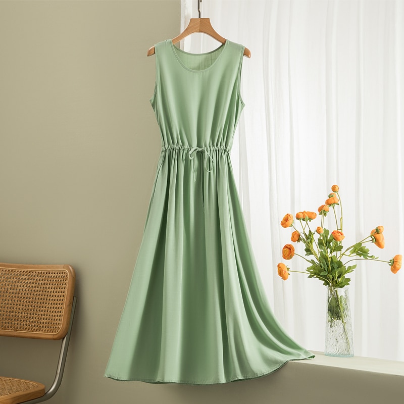 ワンピース ミディアム丈ワンピース ノースリーブワンピース ラウンドネック ウエストマーク ミディアム丈 かわいい 大人可愛い きれいめ シンプル 上品 おしゃれ かっこいい 大人女子 こなれ感