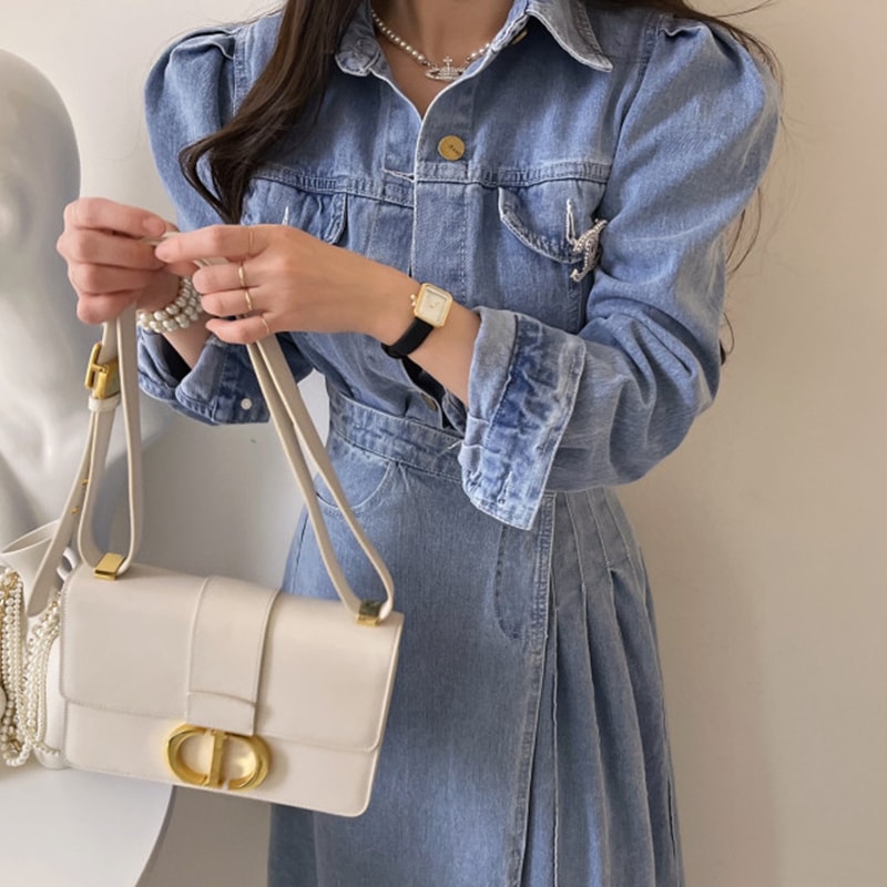 2点セット セットアップ 上下セット デニムシャツ 長袖 パフスリーブ 襟付き 前開き ボタン 胸ポケット ミモレ丈スカート デニムスカート 巻きスカート ポケット かわいい 大人可愛い きれいめ