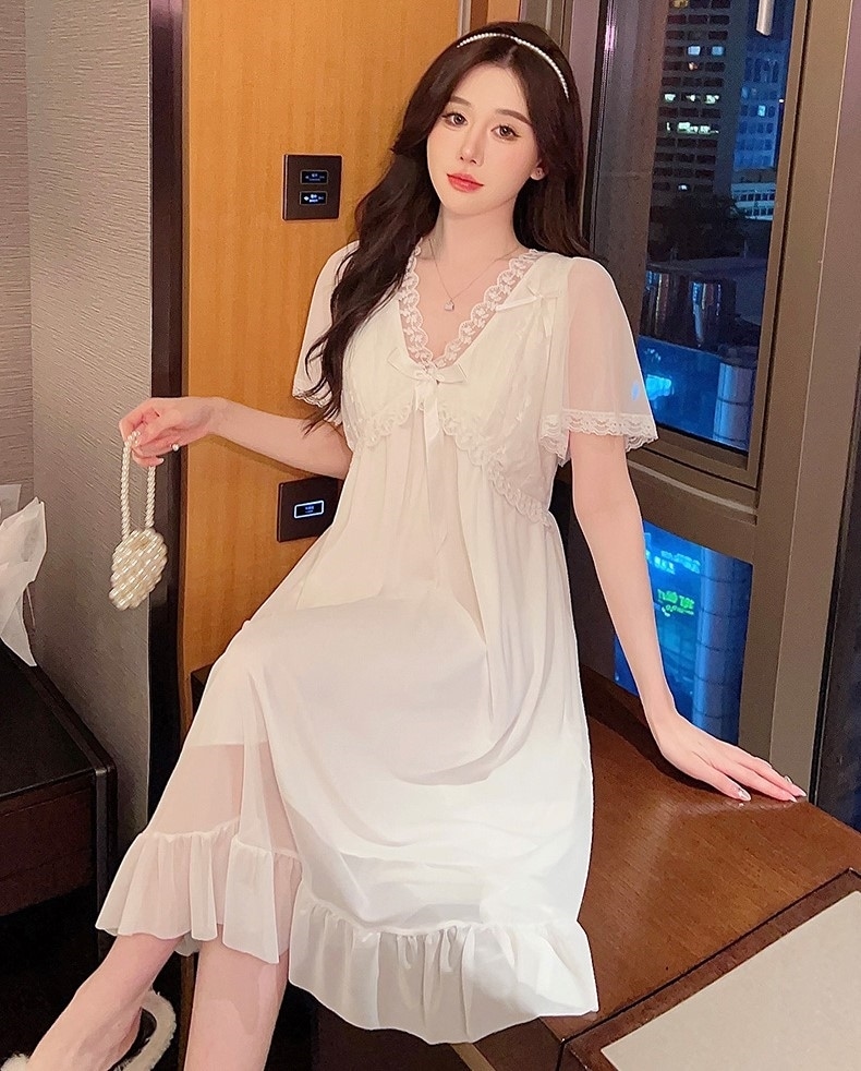 ネグリジェ レディース レースパジャマ パジャマ ナイトウェア ルームウェア部屋着 Vネック レース 透け感 薄手 大人 上品 セクシー 春 夏 着回し 楽ちん 定番 送料無料 M L XL 2XL