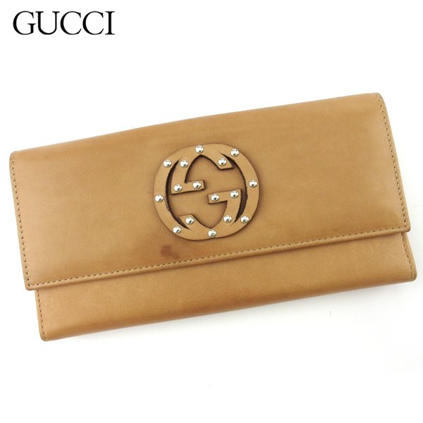 長財布 Wホック 財布 インターロッキングG レディース メンズ ダブルG スタッズ ベージュ シルバー 中古