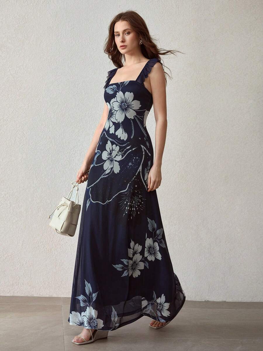 女性用コントラストメッシュ フローラルプリントスパゲッティストラップドレス