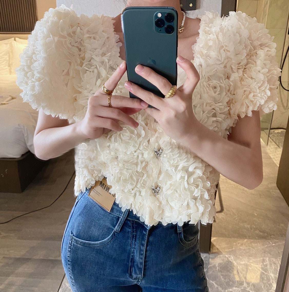 立体フラワーブラウス シャツ ブラウス ガーリー レディース 立体フラワー素材 スクエアネック トップス C574