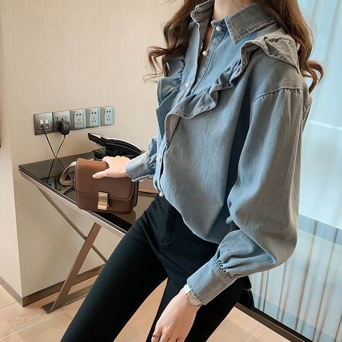 トップス シャツ デニムシャツ ミディアム丈 袖あり 長袖 襟付き フリル 前開き デニム かわいい 大人可愛い シンプル カジュアル 大人 おしゃれ お洒落 レトロ アジアン エスニック エキゾチッ