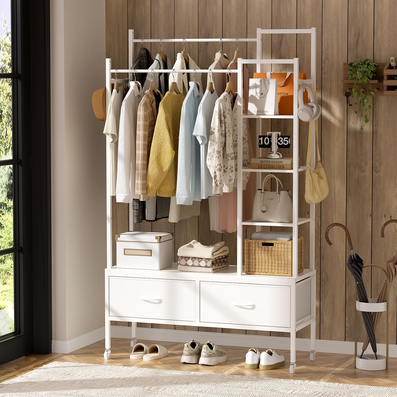 Naotico ハンガーラック 引き出し付き 2段 棚付き 頑丈 洋服ラック ワードローブ コート掛け 収納付き 棚付き タンス ランドセル 衣類 キャスター付き ハンガー ダブル ロッド 多機能 お