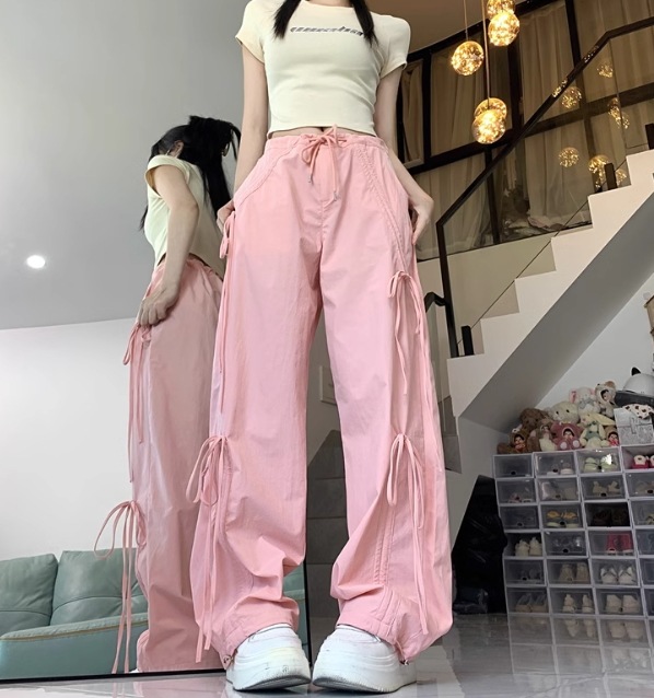 レディース パンツ ボトムス ワイドパンツ フルレングス ストレート ストリート リボン ハイウエスト カジュアル おしゃれ かっこいい レトロ ラフ スポーティー ガーリー ベーシック アクティブ