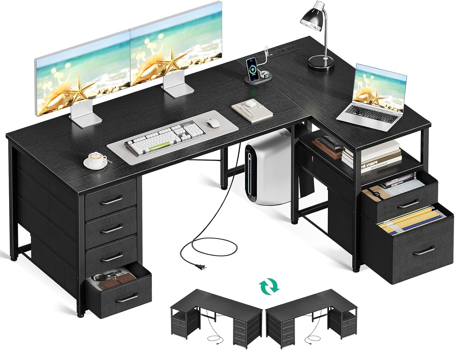 AODK パソコンデスク 引き出し6杯付き ゲーミングデスク コンセント付き l字デスク 机 幅140 pcデスク 棚付き desk 収納 ワークデスク 在宅勤務 仕事用 オフィスデスク ブラック