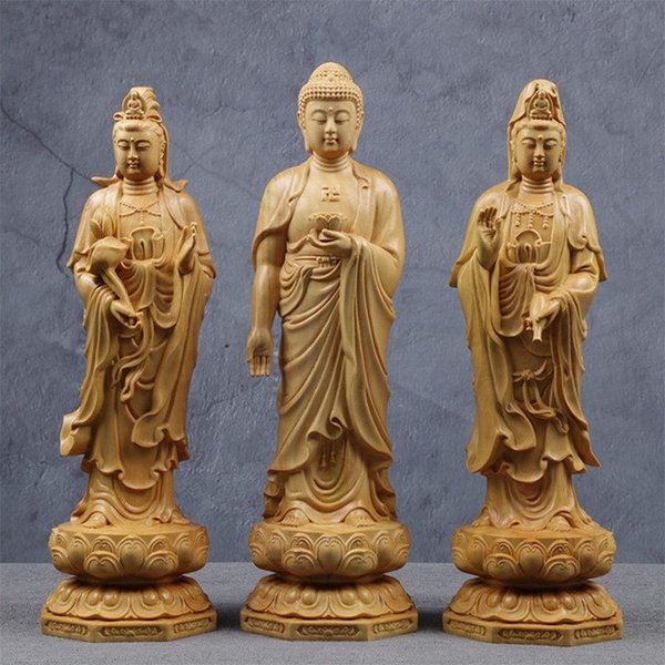 3ピース/セットソリッドウッド中国仏教ブダ置物ロータスイエロー富神仏像神像用ホームデコレーションR1545 Multi-Colored 26CM