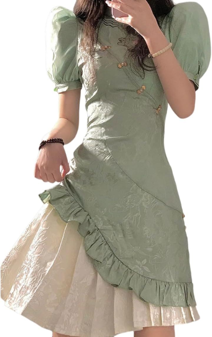 チャイナドレス ワンピース コスプレ 上品 可愛い 緑(グリーン, L)