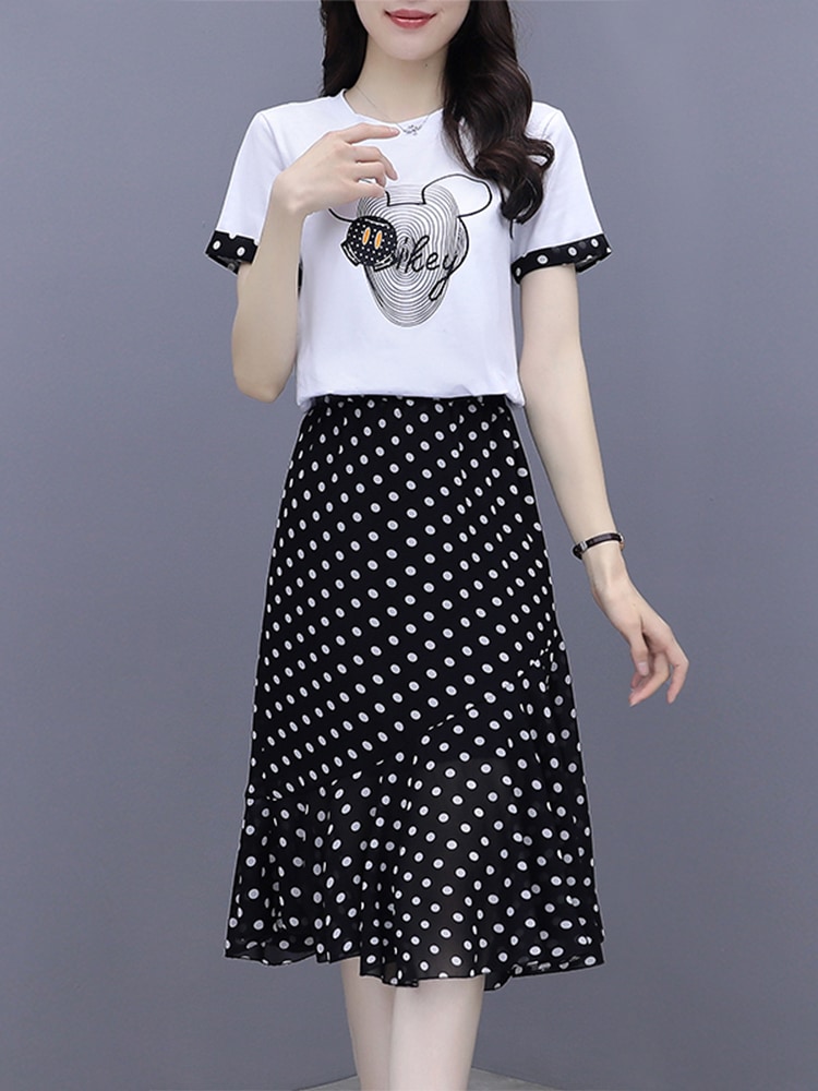 シフォンウェーブポイントスカート2枚セットレディーススキニーファッションスカートセット女性 トップス スカート セットアップ Tシャツ ひざ丈 膝下 半袖 ラウンドネック ストレート ハイウエスト