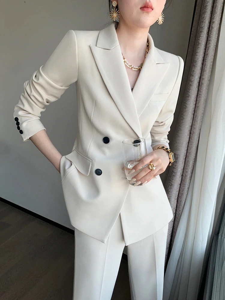品質保証25ベージュのブレザーの韓系スーツ セットアップ シンプル 通勤 入園式 入学式 卒園式 Lオフィス ビジネス フォーマル レディースファッション