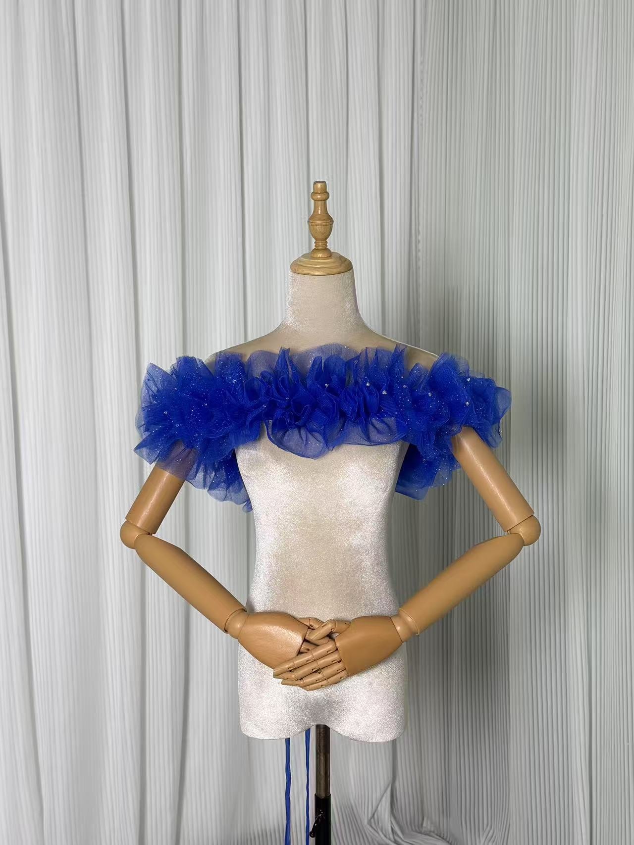 オフショルダー ジュエルブルー キラキラチュール ハンドメイド ビジュー クラシカル 前撮り