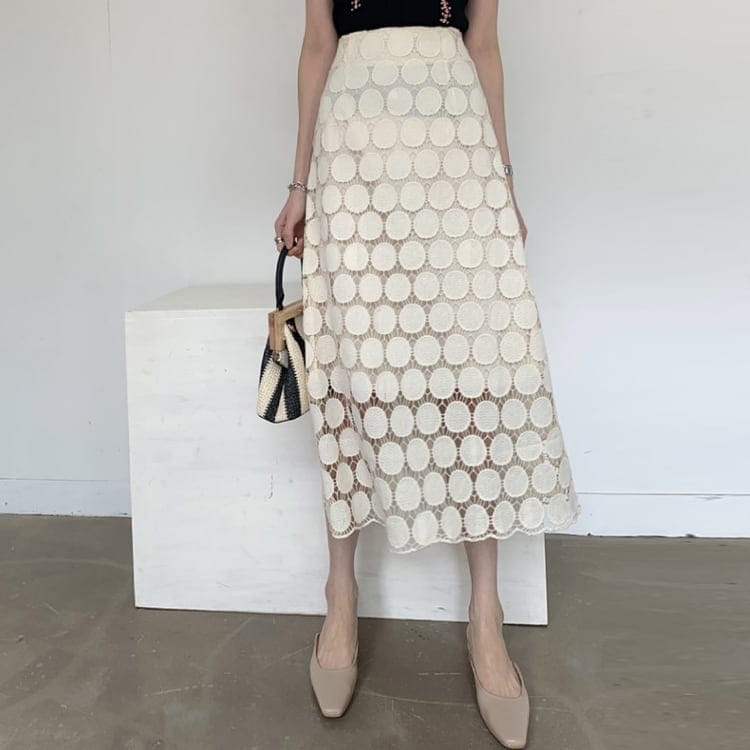 スカート ボトムス ミモレ丈 フレア ペンシルスカート チュール ドット 水玉 メッシュ 透け感 シアー シースルー フェアリー モード ハイウエスト 裏地付き ワイド ゆったり ストレッチ lbot