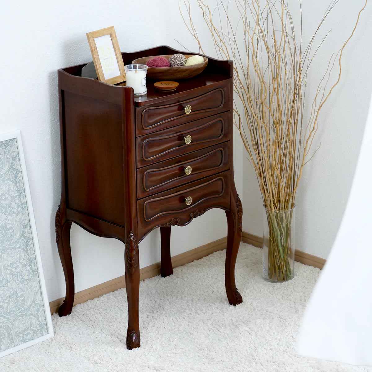サイドチェスト 4段 猫脚 クラシック調 幅46cm 収納 チェスト ディスプレイ リビングボード 天然木 完成品 マホガニー 木製 サイドキャビネット 引出し 猫足