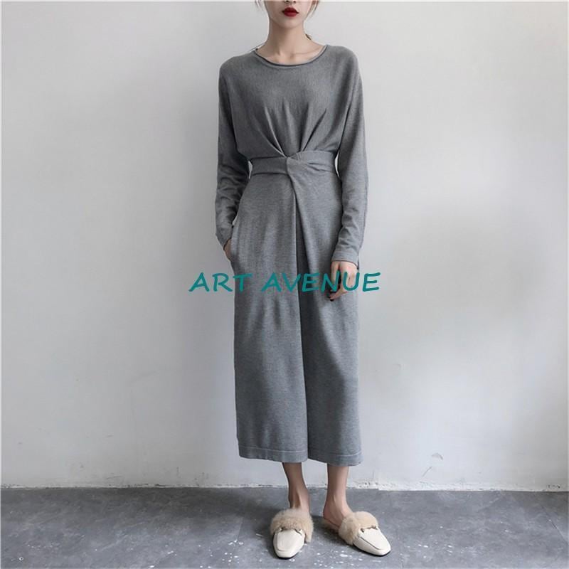 ワンピース ロング 秋冬 ニットワンピース レディース プリーツ 冬 ロング丈 長袖 vネック ニット 無地 ウエストゴム ベルト マキシワンピース 30代 40代