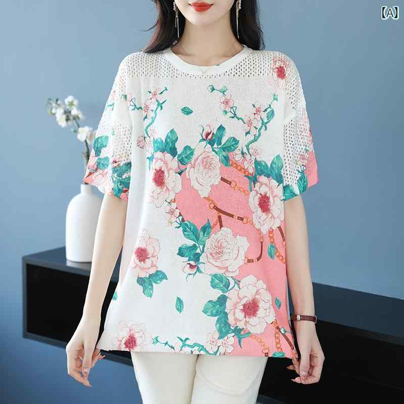 トップス レディース おしゃれ 上品 通勤 オフィス カジュアル 大きめサイズ Tシャツ プリント ひんやり 快適 ニット 半袖 シャツ ぽっちゃり