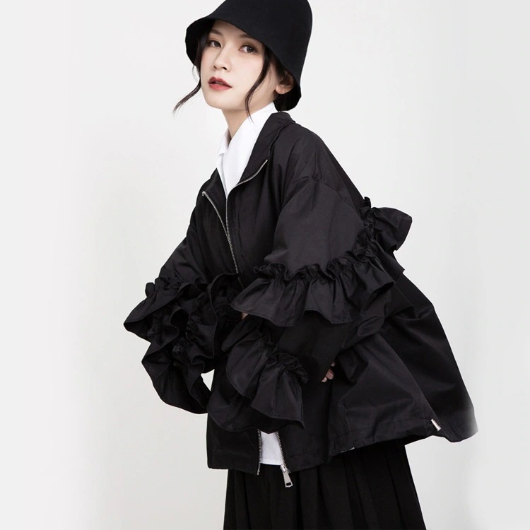 春秋 フリル ファスナー ジャケット ブラウン おしゃれ レディース トップス アウター カシミヤタッチ パフスリーブ オフィス 長袖 日焼け止め 韓国 ブラウス