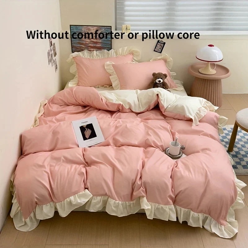 【急速出荷!】4点セット 無地フリル寝具セット - 柔らかく通気性があり汚れに強い掛け布団カバーシーツ＆枕カバー全季節対応 - ジップクロージャー洗濯機可 orange 4,880円