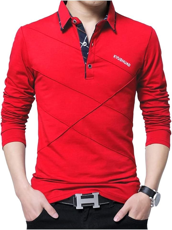 スリージョイ ポロシャツ 長袖 トップス シンプル ゴルフウェア 襟付き カジュアル 春秋 メンズ(レッド, XL)